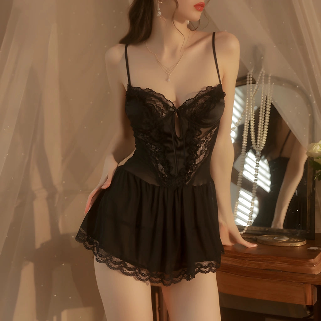 Oran Maids Sexy Lace Babydoll Set - See Through Mesh Nightdress with Matching Panties for Women (Black/White)